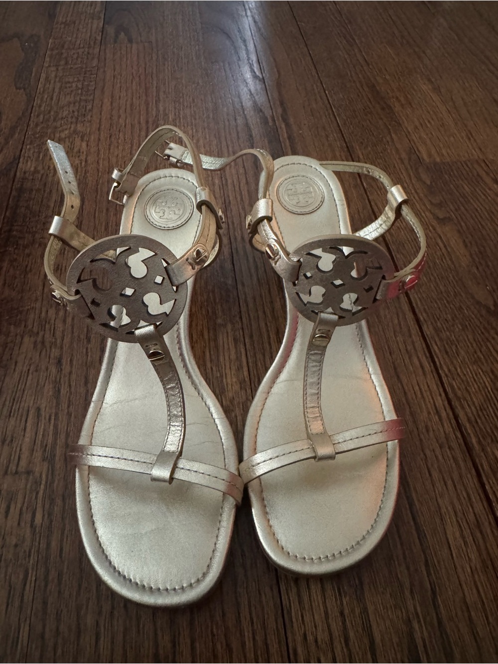 Tory Burch Metallic Gold Logo T-Strap Sandals